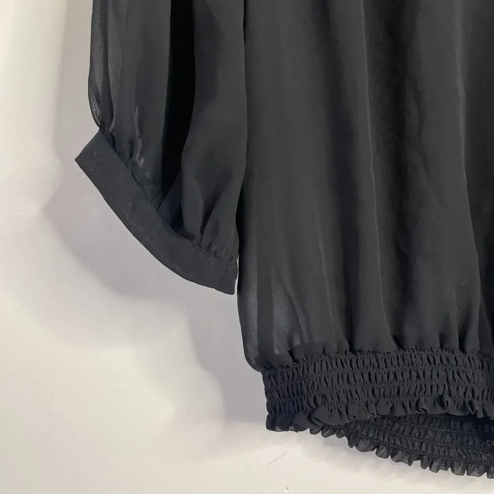 Sheer Black Bow Tie Blouse Top Medium‎ Minimalist Romantic Capsule Parisian